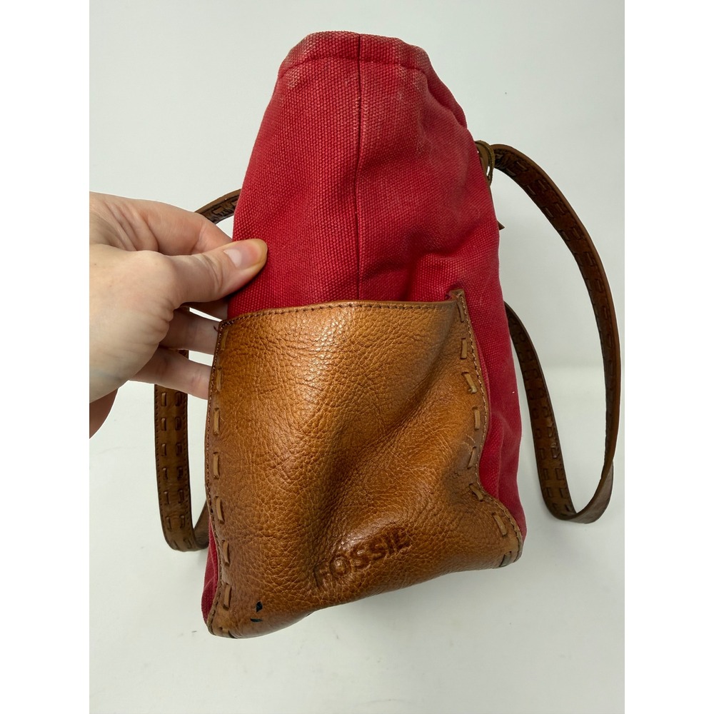 Fossil Red Canvas Brown Leather Trim Tote Shoulder Bag Whipstitch Key Charm - Picture 8 of 14